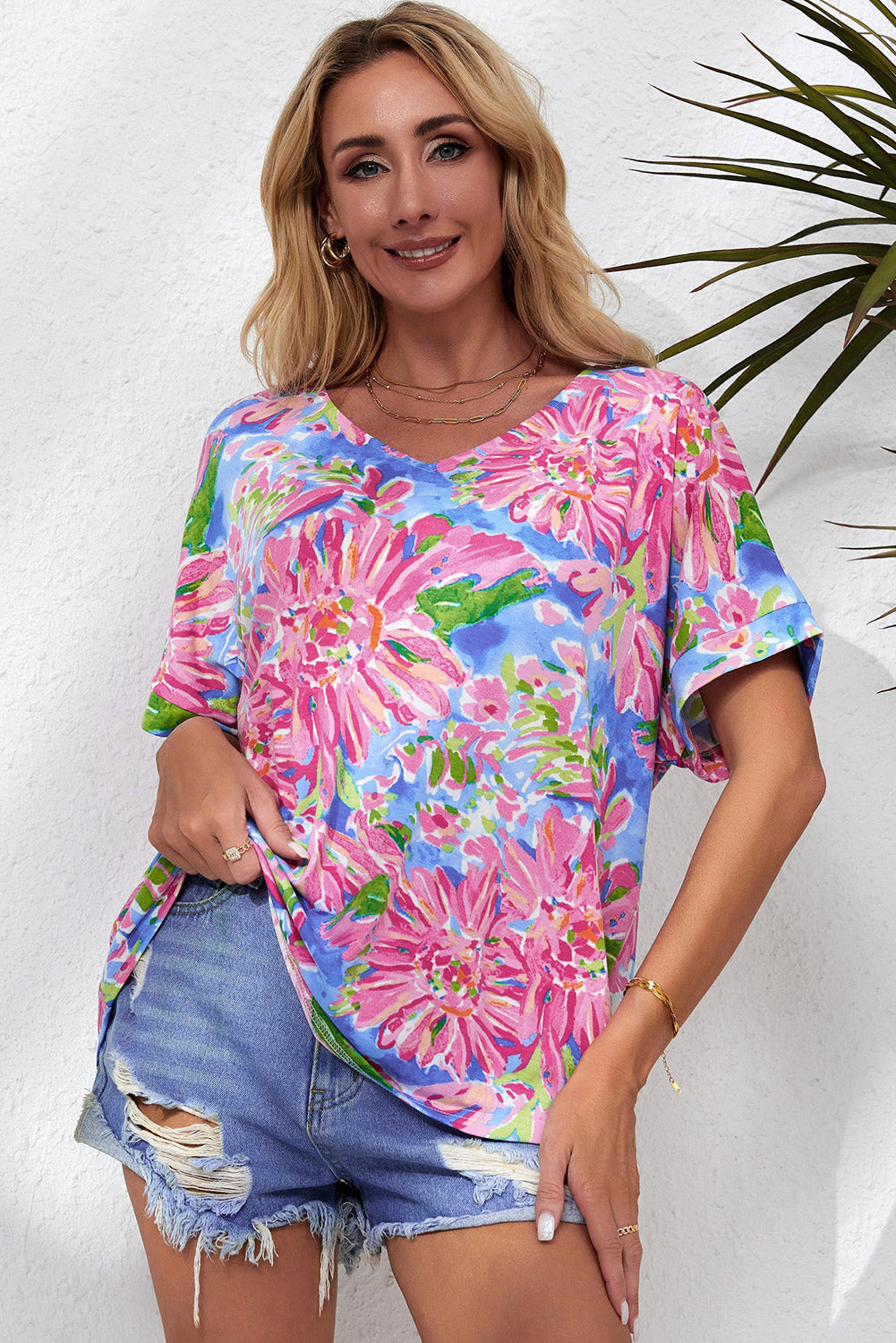 Floral Bloom V-Neck Blouse Fuchsia Pink