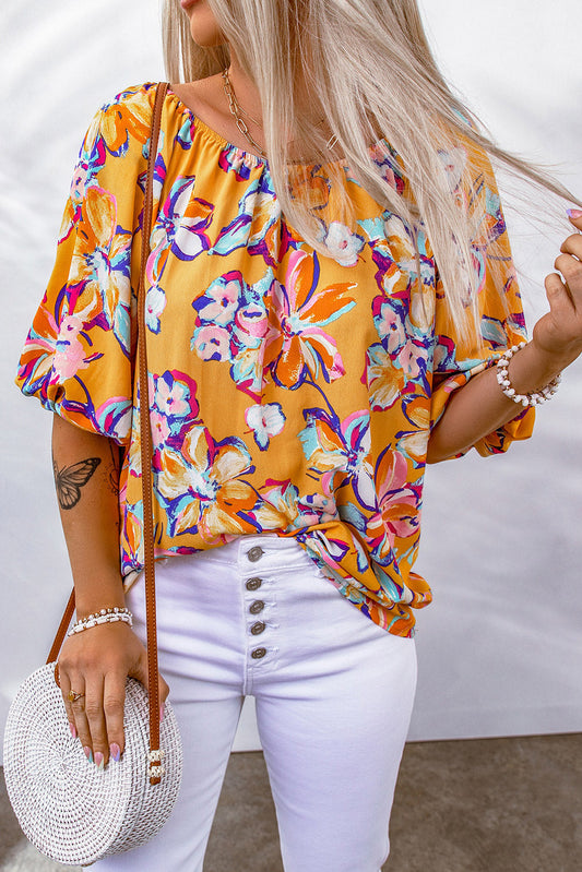 Floral Boatneck Puff Sleeve Blouse
