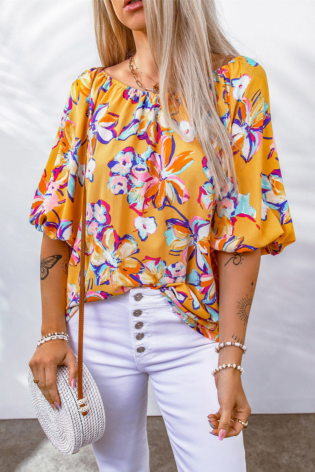 Floral Boatneck Puff Sleeve Blouse