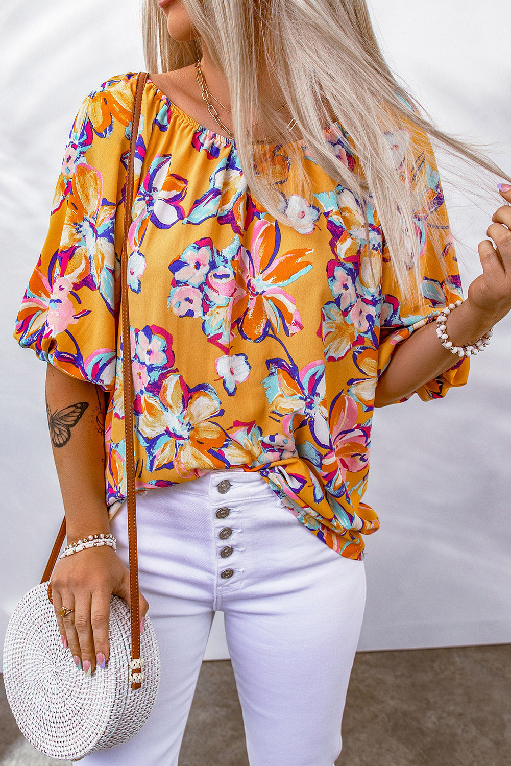 Floral Boatneck Puff Sleeve Blouse Orange M