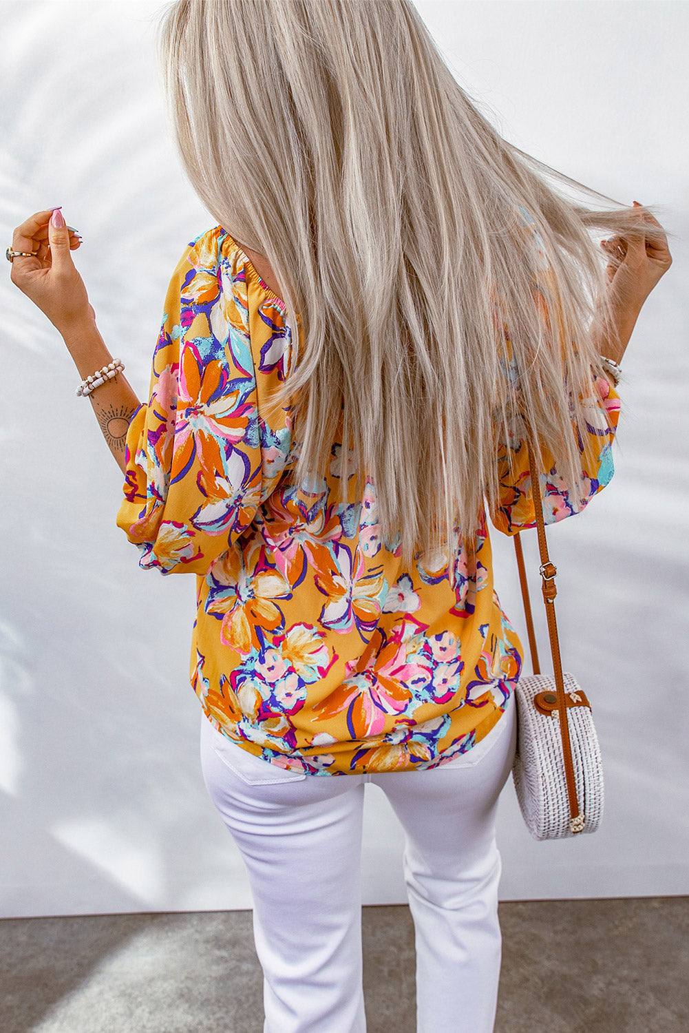 Floral Boatneck Puff Sleeve Blouse