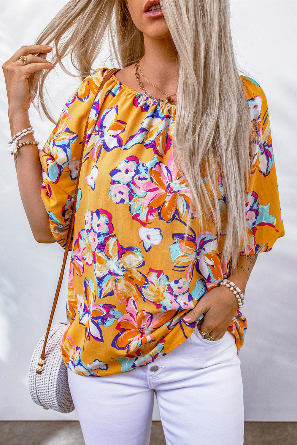 Floral Boatneck Puff Sleeve Blouse