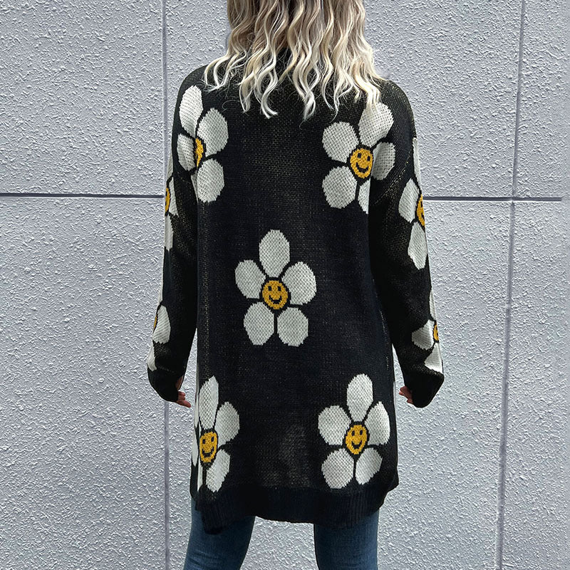 Floral Button-Down Longline Cardigan for Women