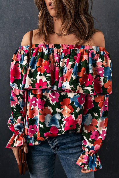 Floral Flounce Sleeve Off-the-Shoulder Layered Blouse Floral