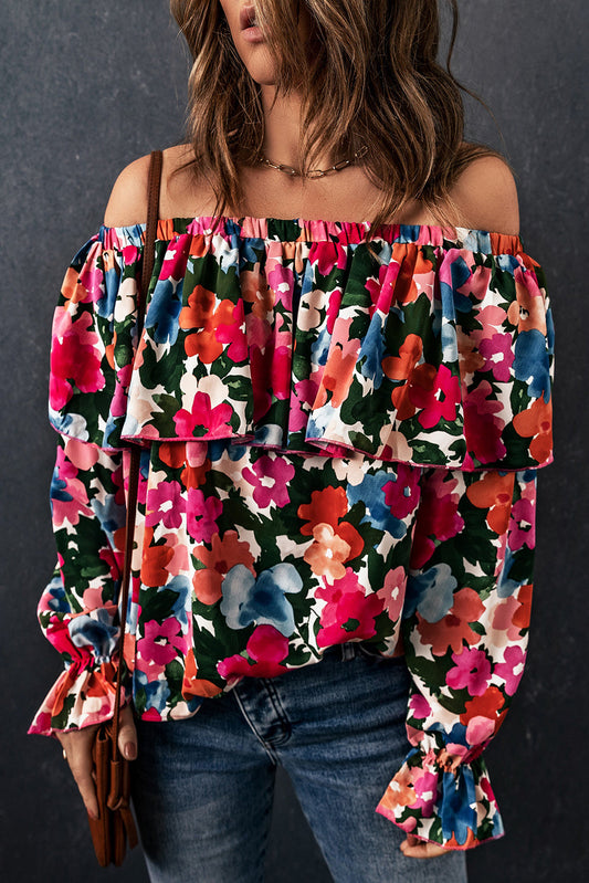 Floral Flounce Sleeve Off-the-Shoulder Layered Blouse Floral