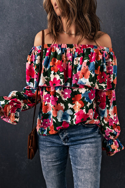 Floral Flounce Sleeve Off-the-Shoulder Layered Blouse