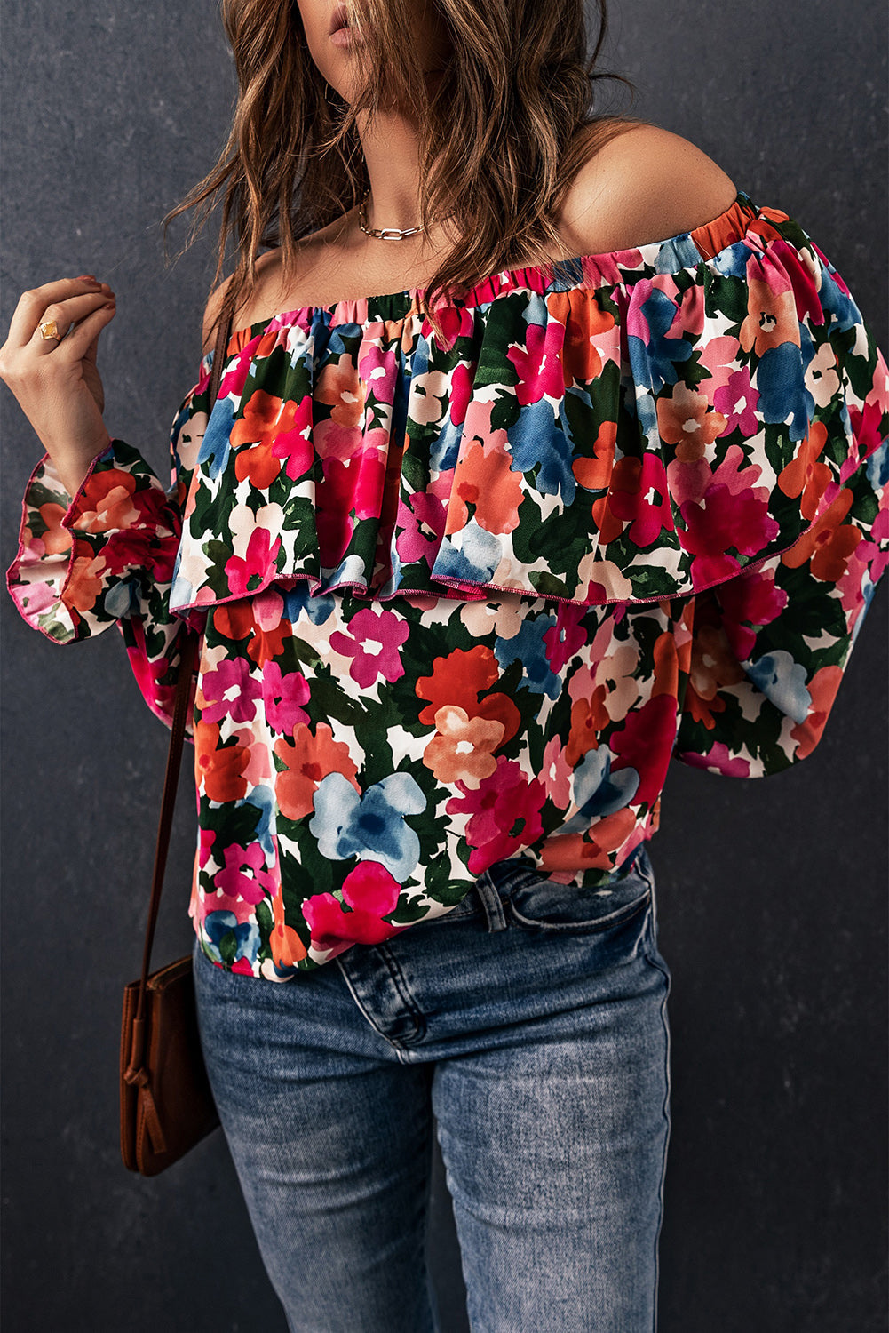 Floral Flounce Sleeve Off-the-Shoulder Layered Blouse