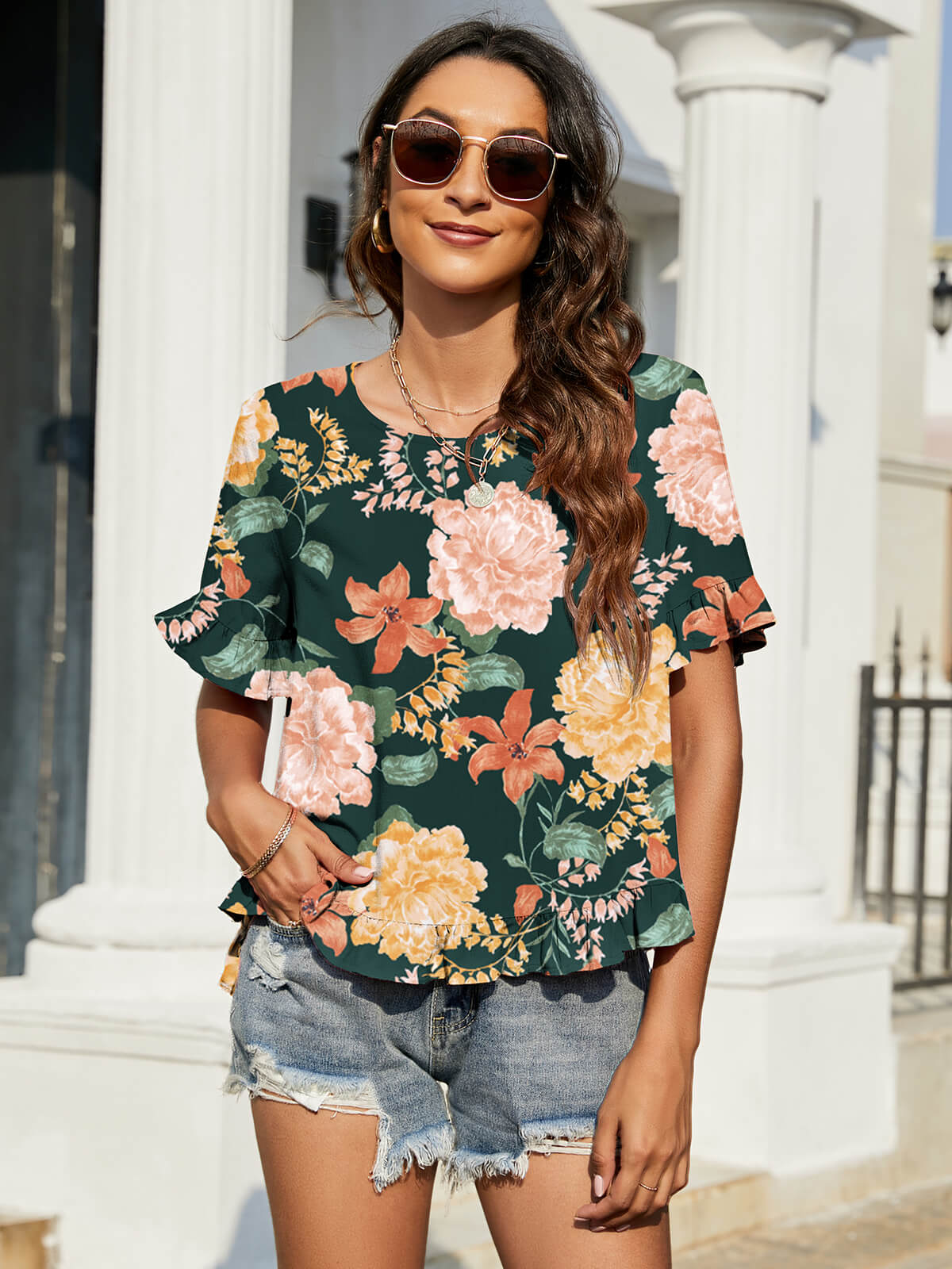 Floral Flounce-Sleeved Blouse with Ruffles