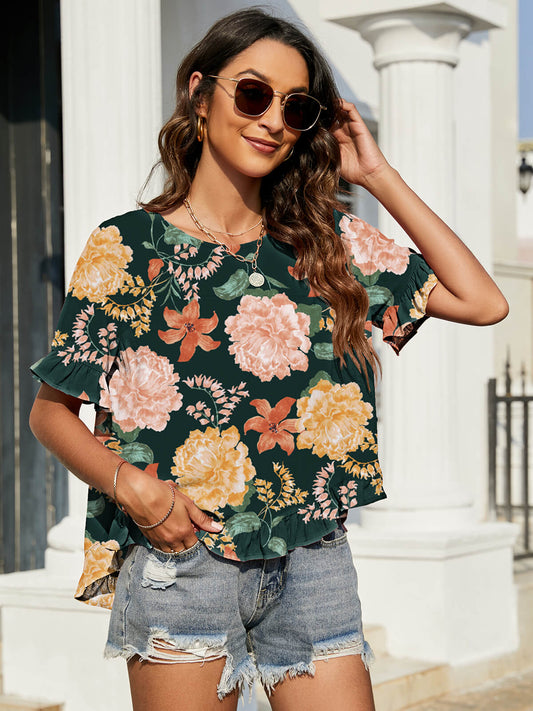 Floral Flounce-Sleeved Blouse with Ruffles Teal
