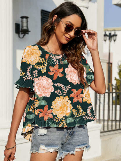 Floral Flounce-Sleeved Blouse with Ruffles