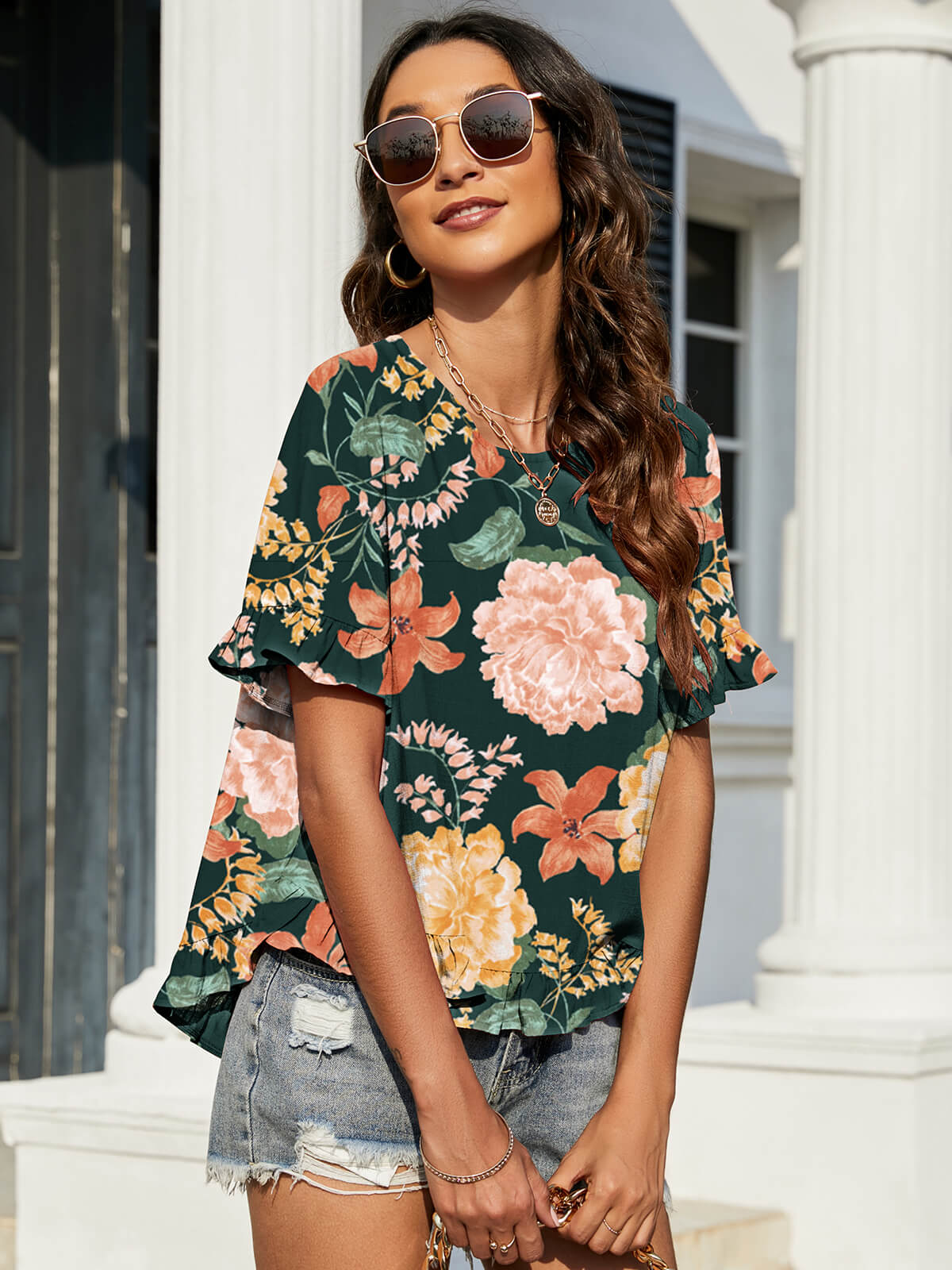 Floral Flounce-Sleeved Blouse with Ruffles