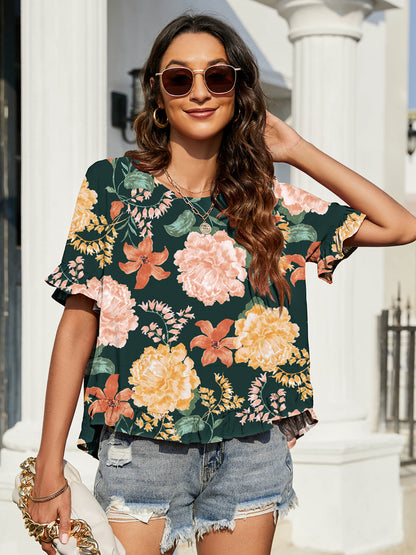 Floral Flounce-Sleeved Blouse with Ruffles