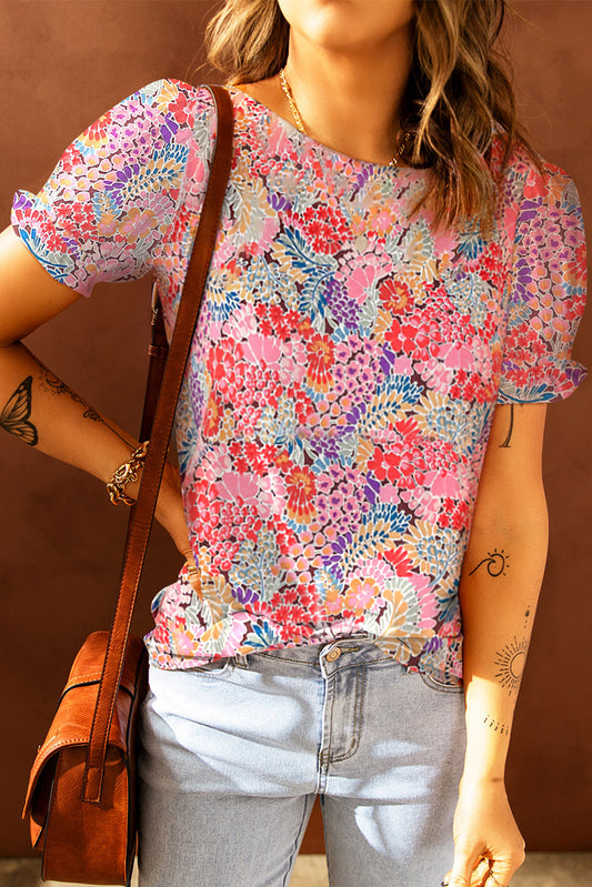 Floral Flounce-Sleeved Blouse with Short Sleeves