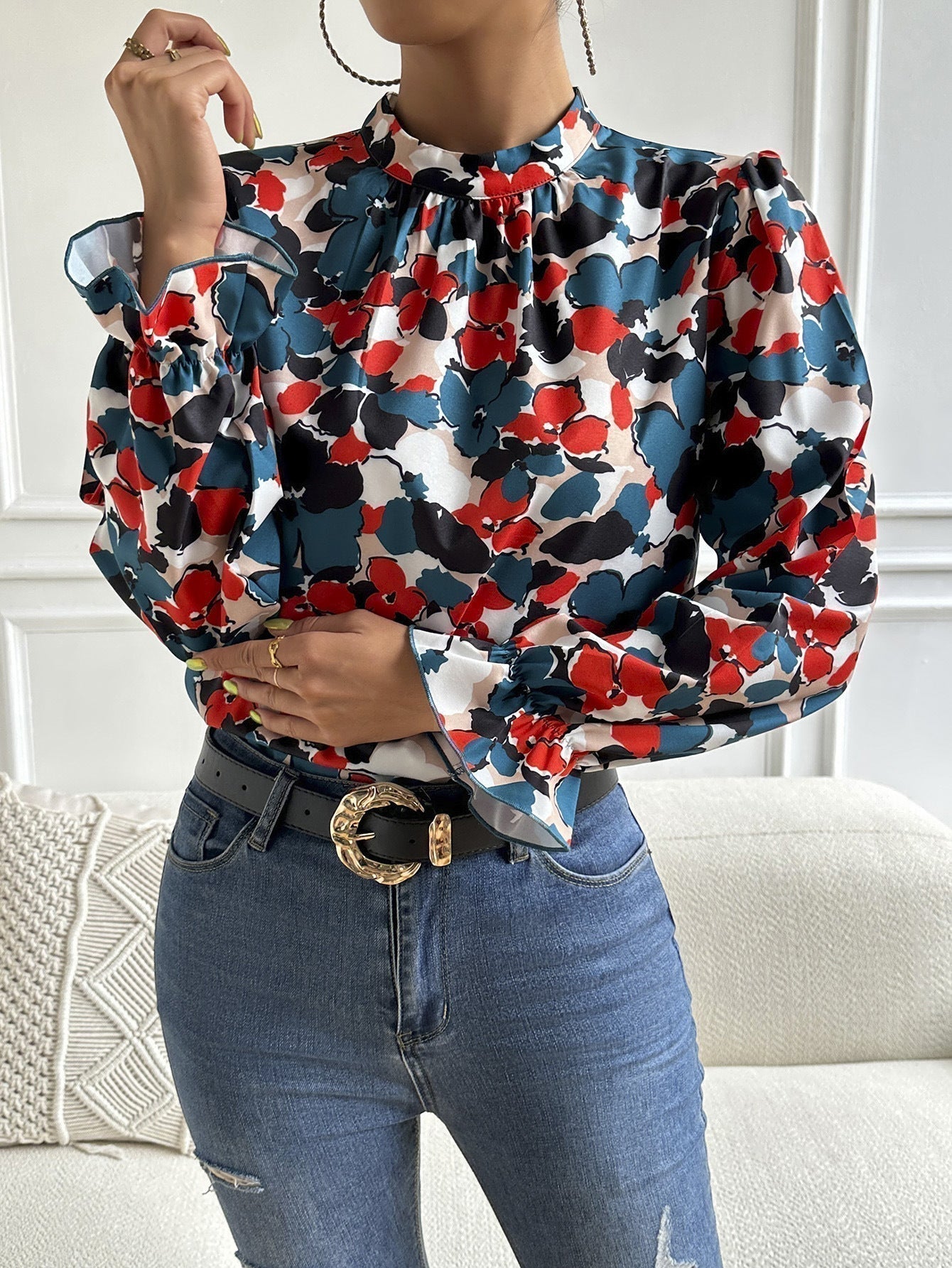 Floral Flounce-Sleeved Mock Neck Top