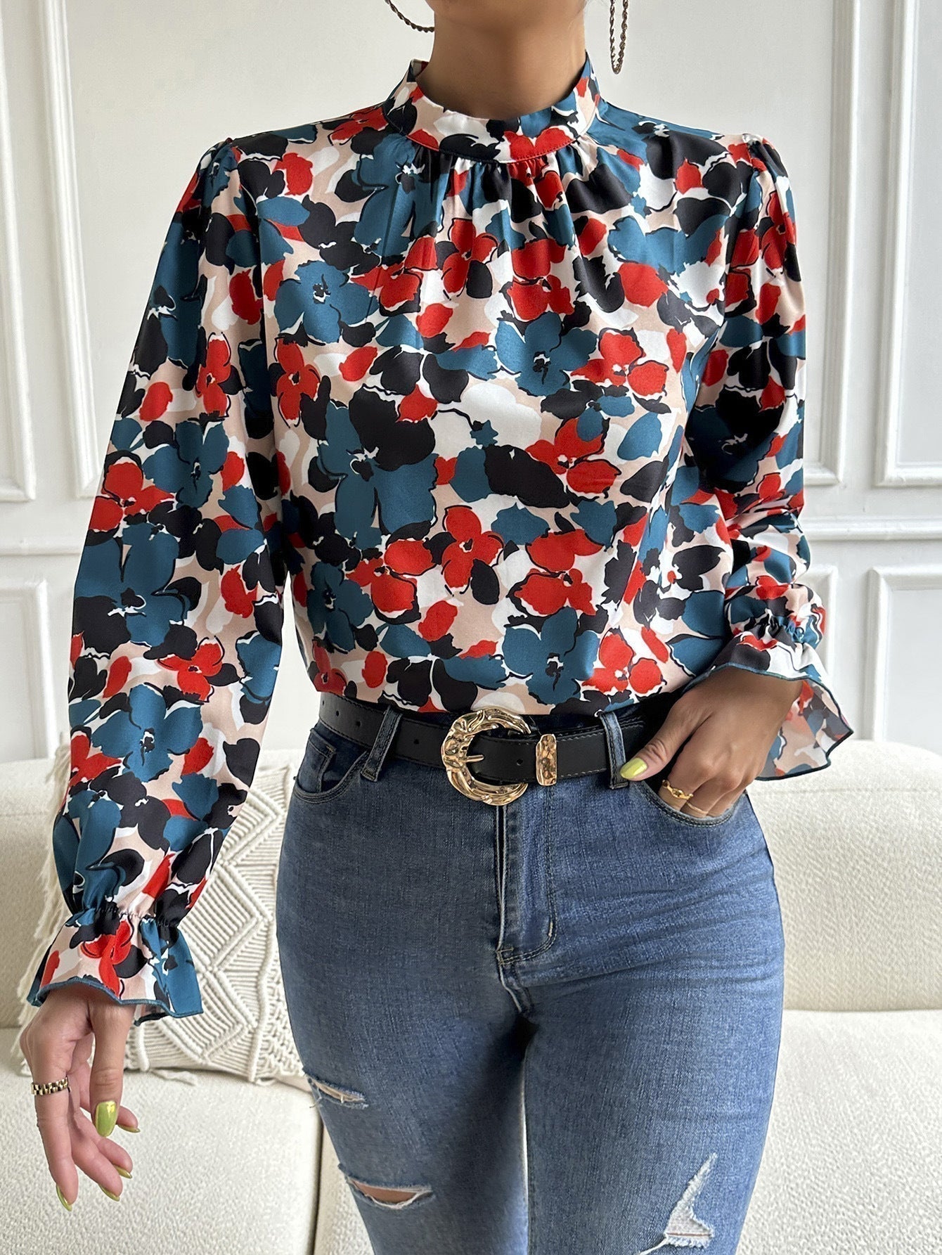 Floral Flounce-Sleeved Mock Neck Top Sky Blue