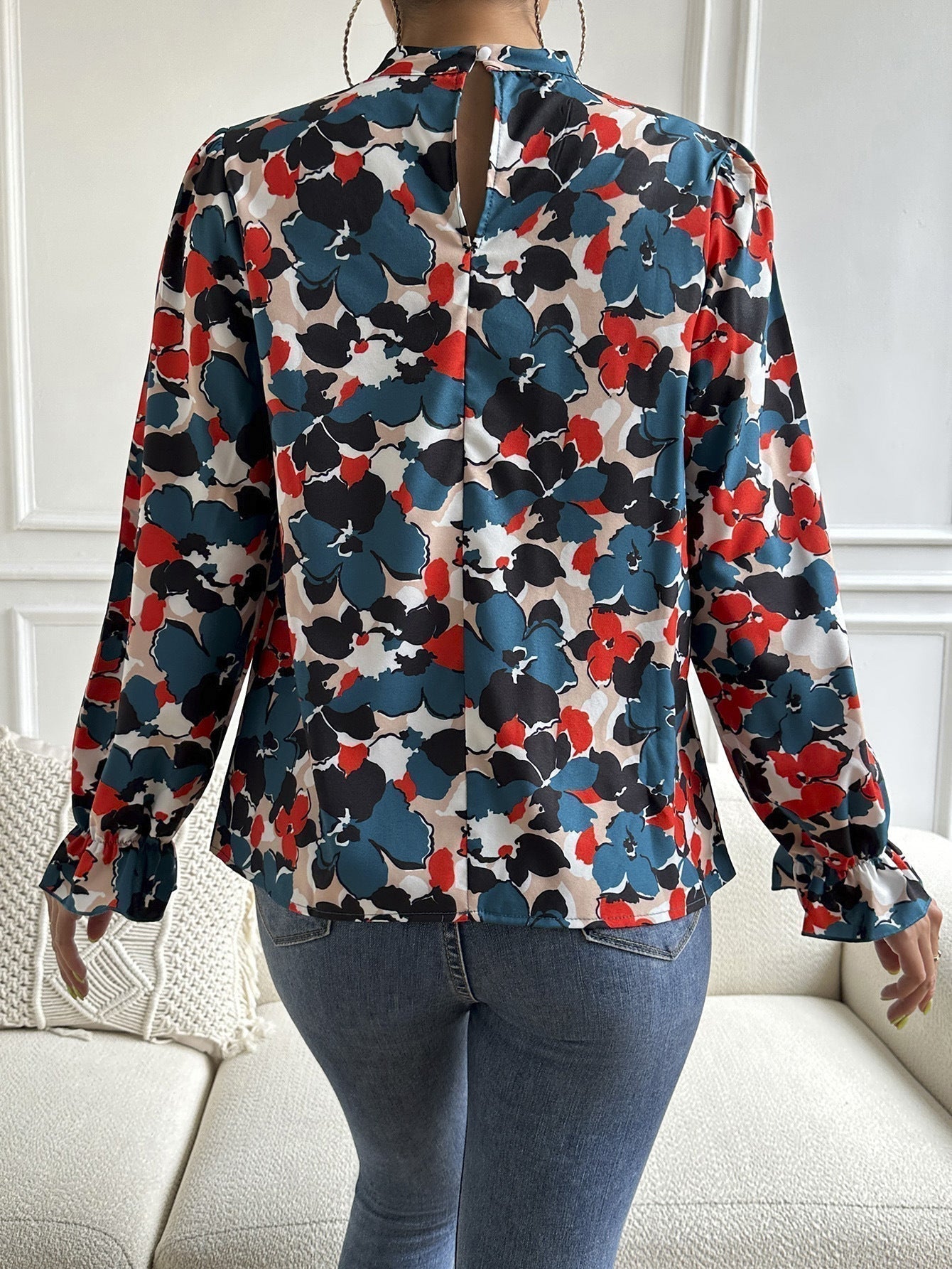 Floral Flounce-Sleeved Mock Neck Top