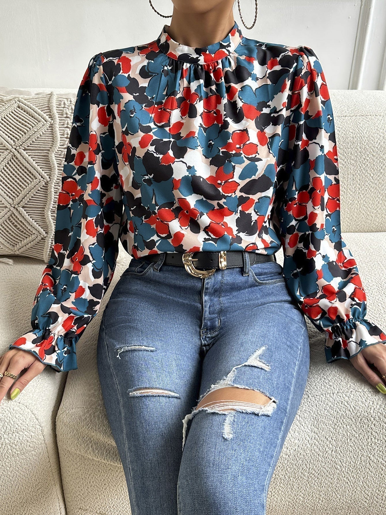 Floral Flounce-Sleeved Mock Neck Top