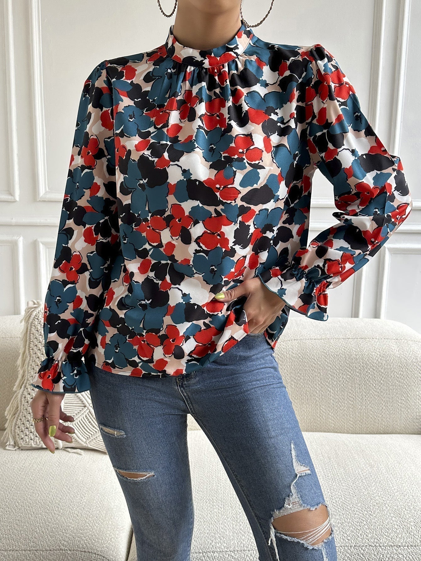 Floral Flounce-Sleeved Mock Neck Top