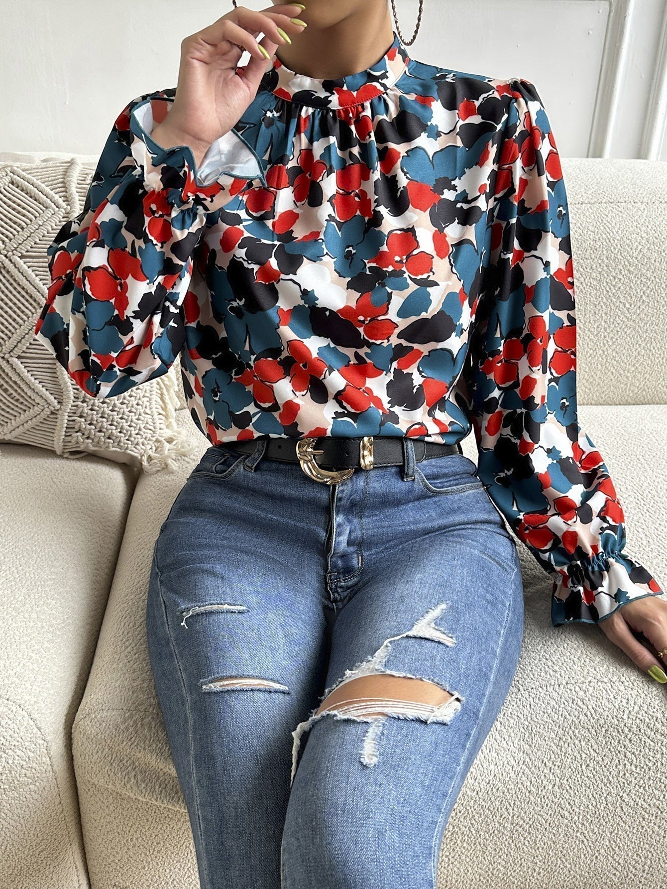 Floral Flounce-Sleeved Mock Neck Top