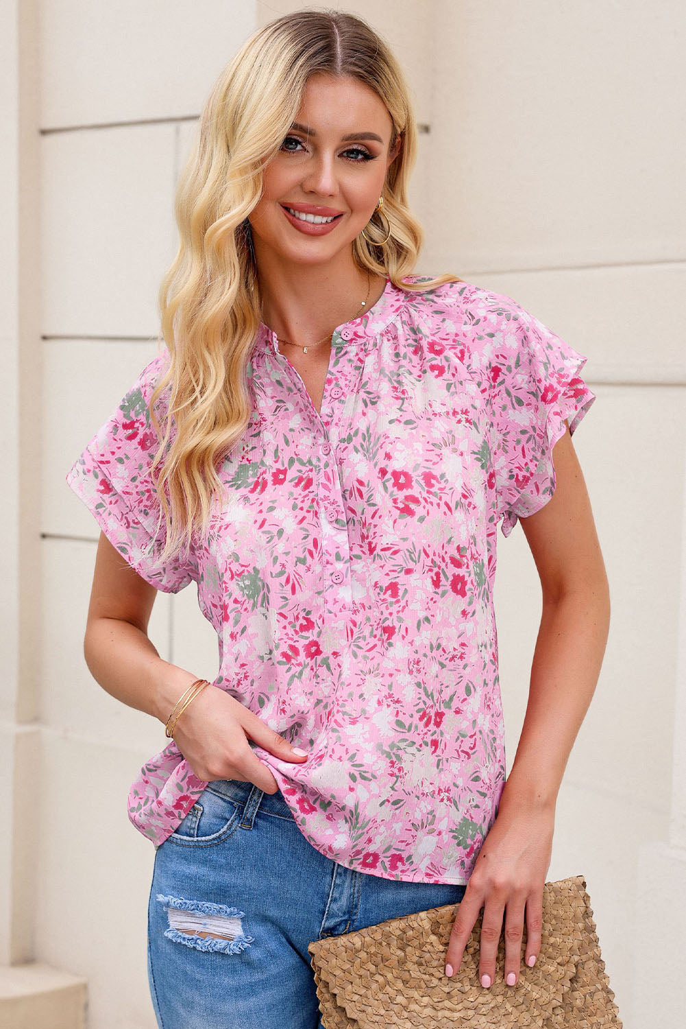 Floral Flutter-Sleeve Blouse with Half-Button Front Blush Pink XL