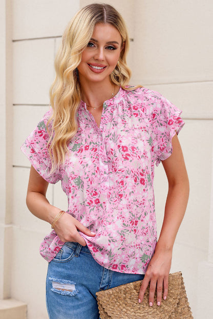 Floral Flutter-Sleeve Blouse with Half-Button Front Blush Pink XL