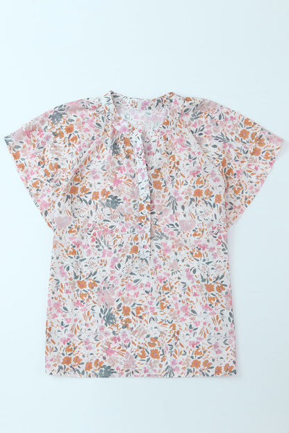 Floral Flutter-Sleeve Blouse with Half-Button Front