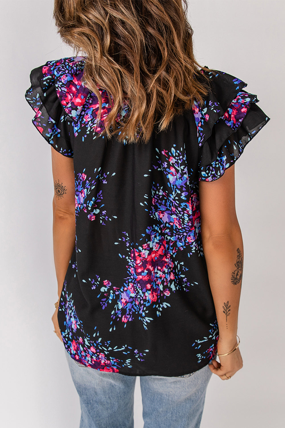 Floral Flutter-Sleeve Tie-Neck Blouse