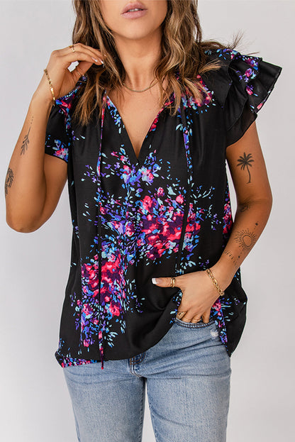 Floral Flutter-Sleeve Tie-Neck Blouse Floral