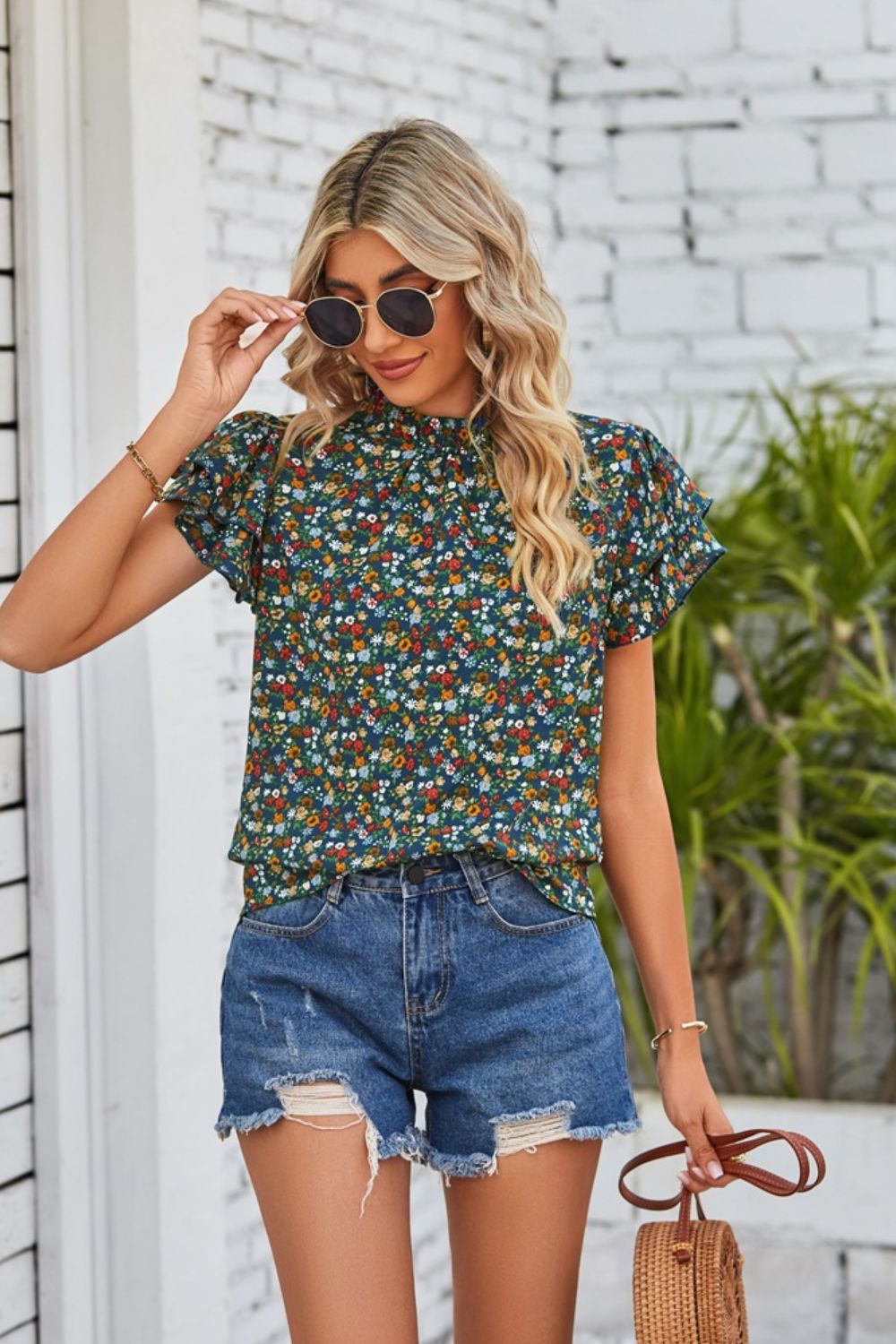 Floral Flutter-Sleeved Blouse with Ruffle Collar