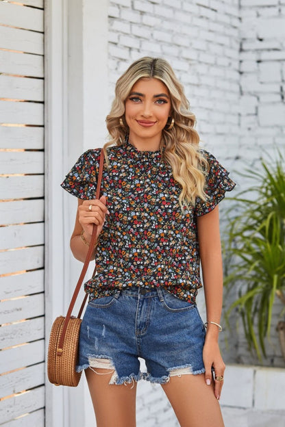 Floral Flutter-Sleeved Blouse with Ruffle Collar