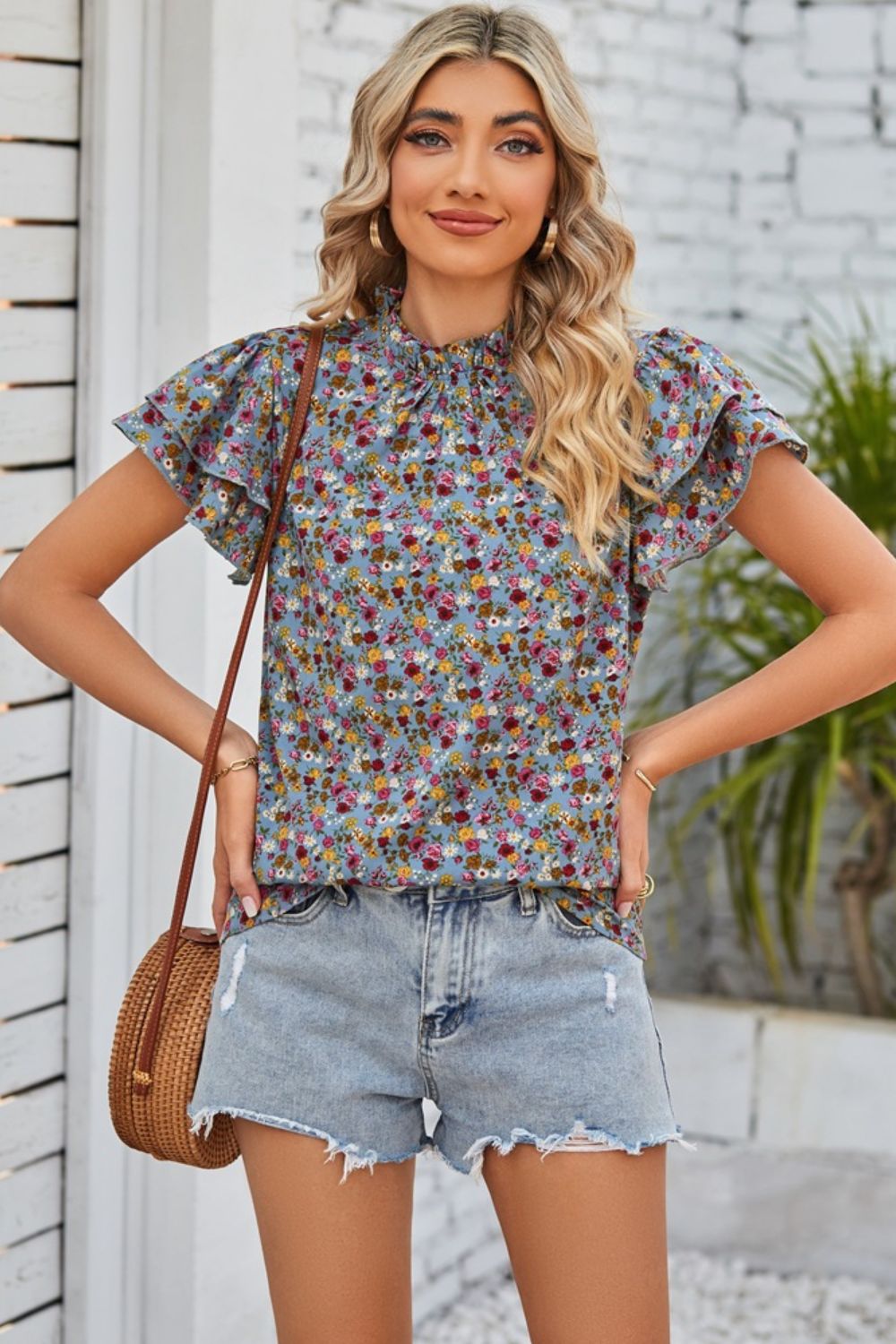 Floral Flutter-Sleeved Blouse with Ruffle Collar