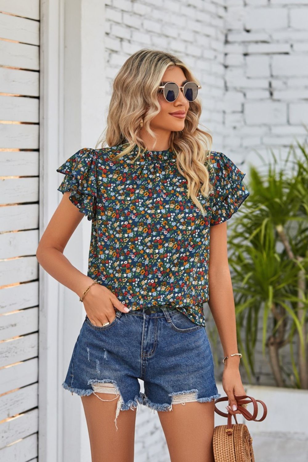 Floral Flutter-Sleeved Blouse with Ruffle Collar