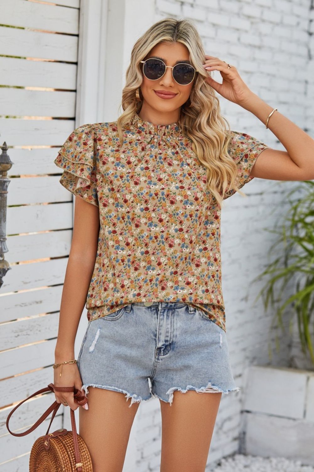 Floral Flutter-Sleeved Blouse with Ruffle Collar Khaki