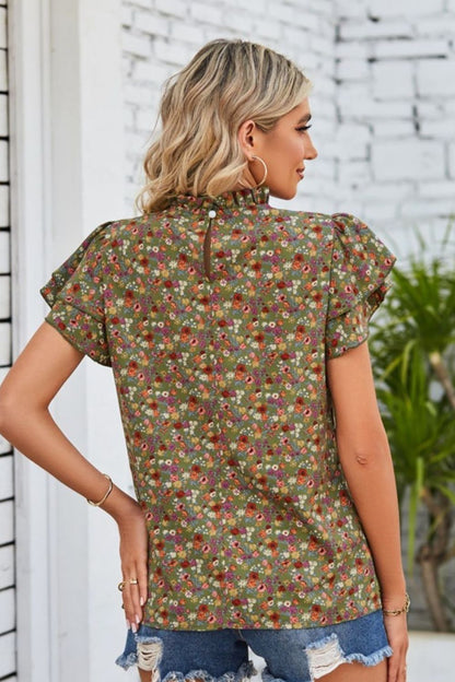 Floral Flutter-Sleeved Blouse with Ruffle Collar