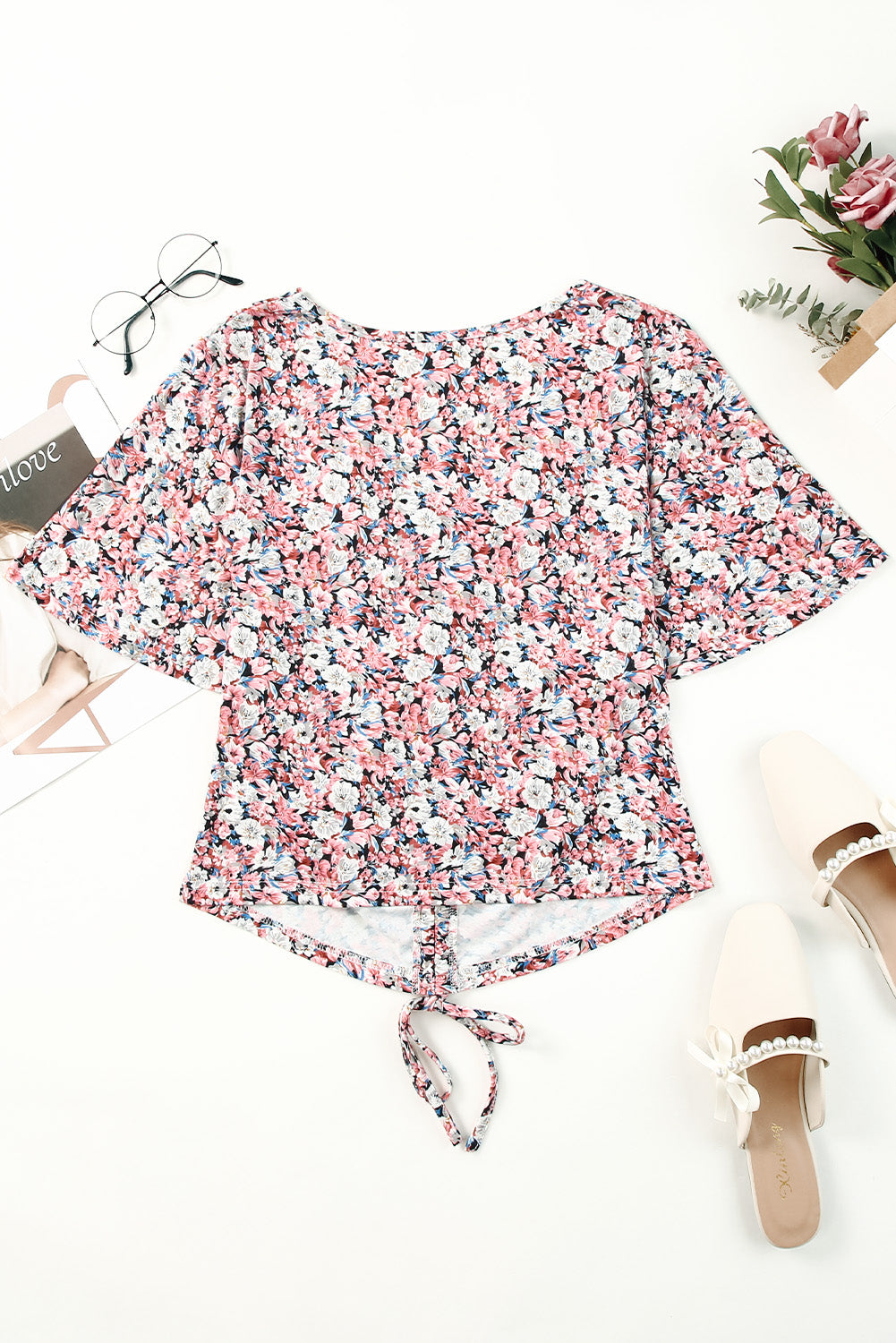 Floral Flutter-Sleeved Drawstring Crop Top