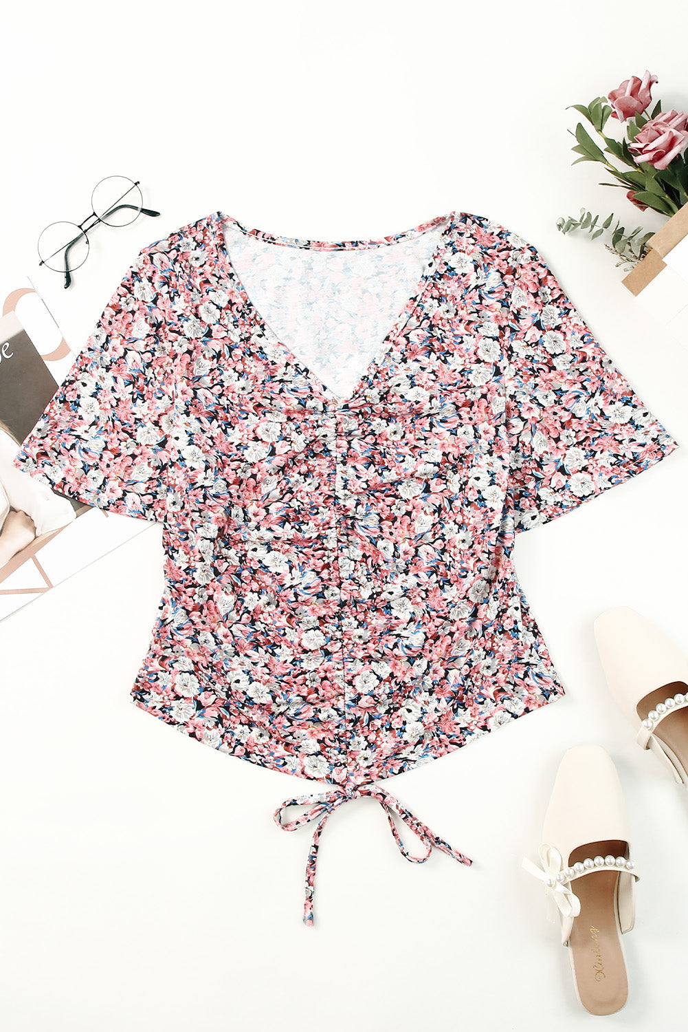 Floral Flutter-Sleeved Drawstring Crop Top