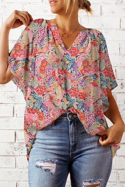 Floral Flutter-Sleeved Notched Neck Blouse