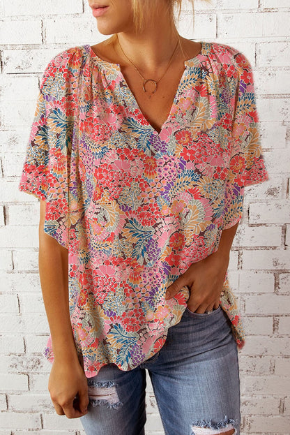 Floral Flutter-Sleeved Notched Neck Blouse