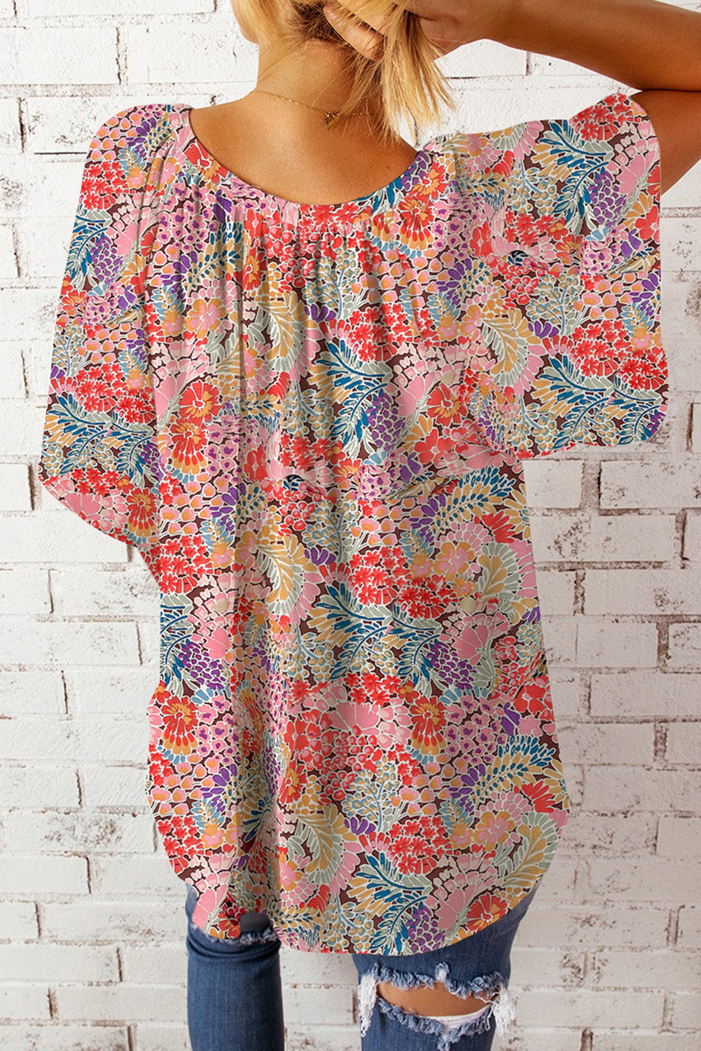 Floral Flutter-Sleeved Notched Neck Blouse