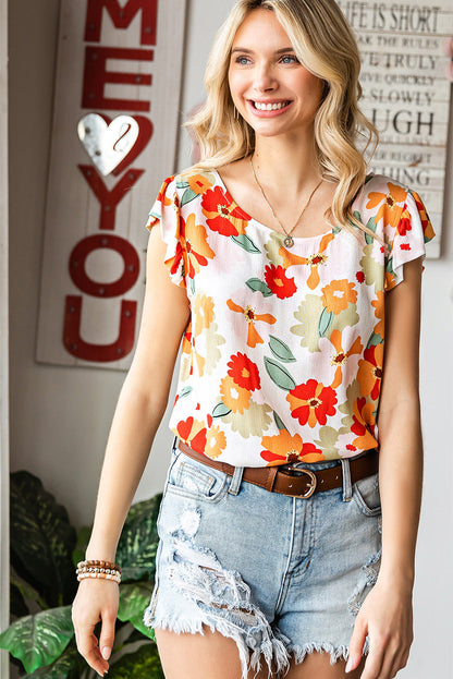 Floral Flutter-Sleeved Round Neck Blouse