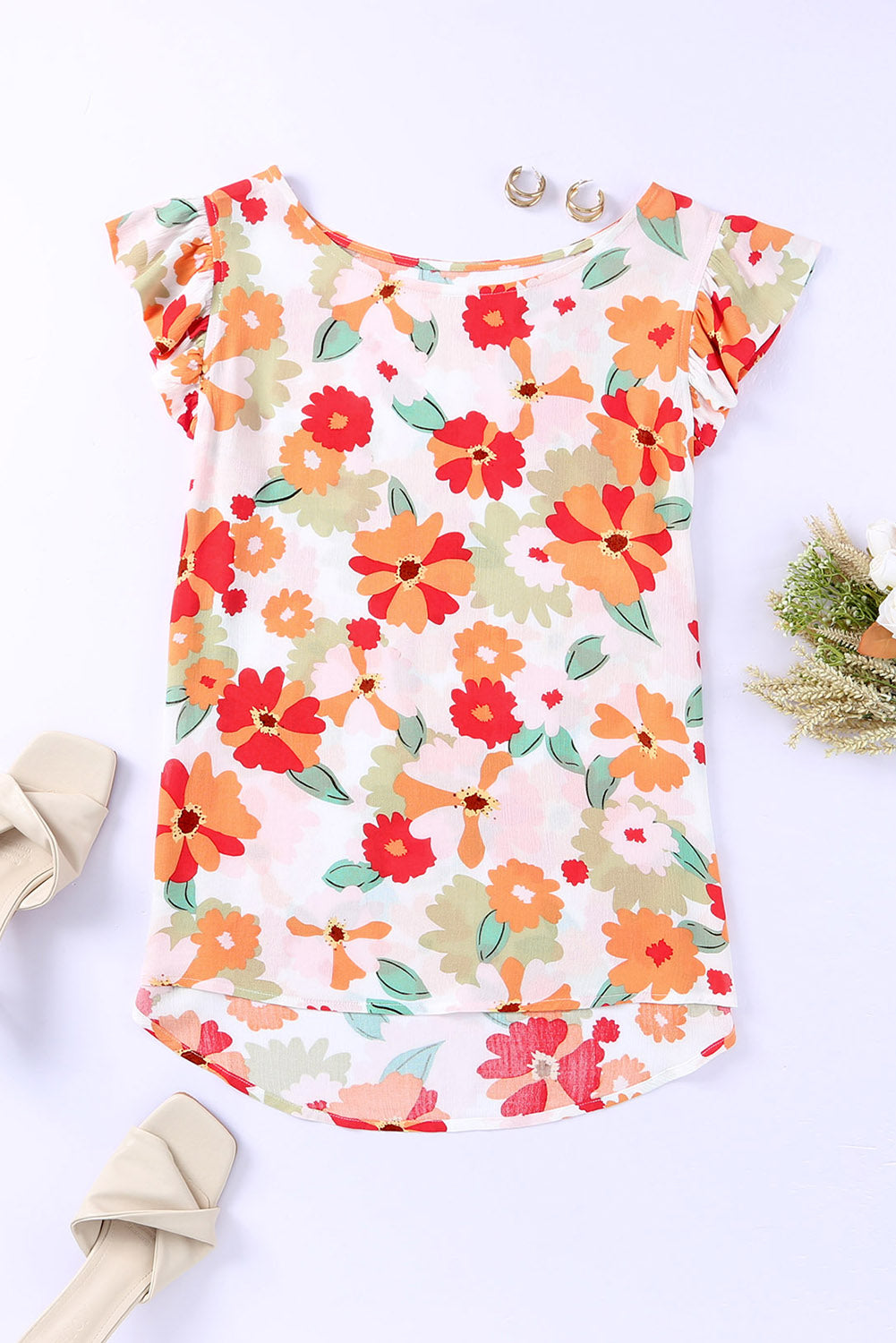 Floral Flutter-Sleeved Round Neck Blouse