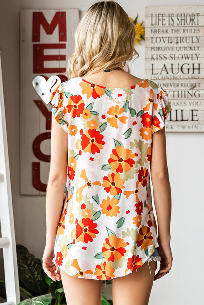 Floral Flutter-Sleeved Round Neck Blouse