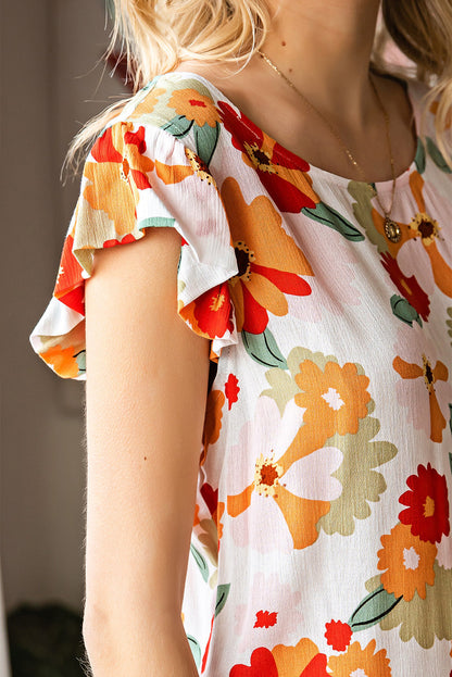 Floral Flutter-Sleeved Round Neck Blouse