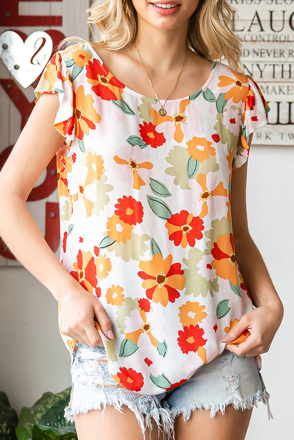 Floral Flutter-Sleeved Round Neck Blouse