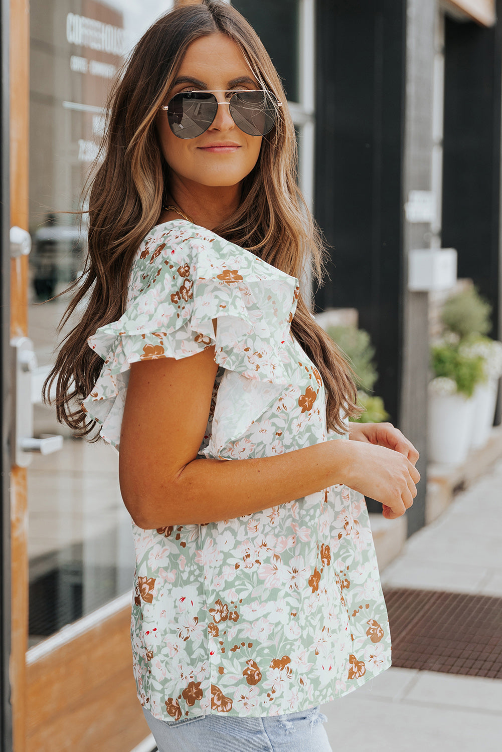 Floral Flutter-Sleeved Ruffled Blouse