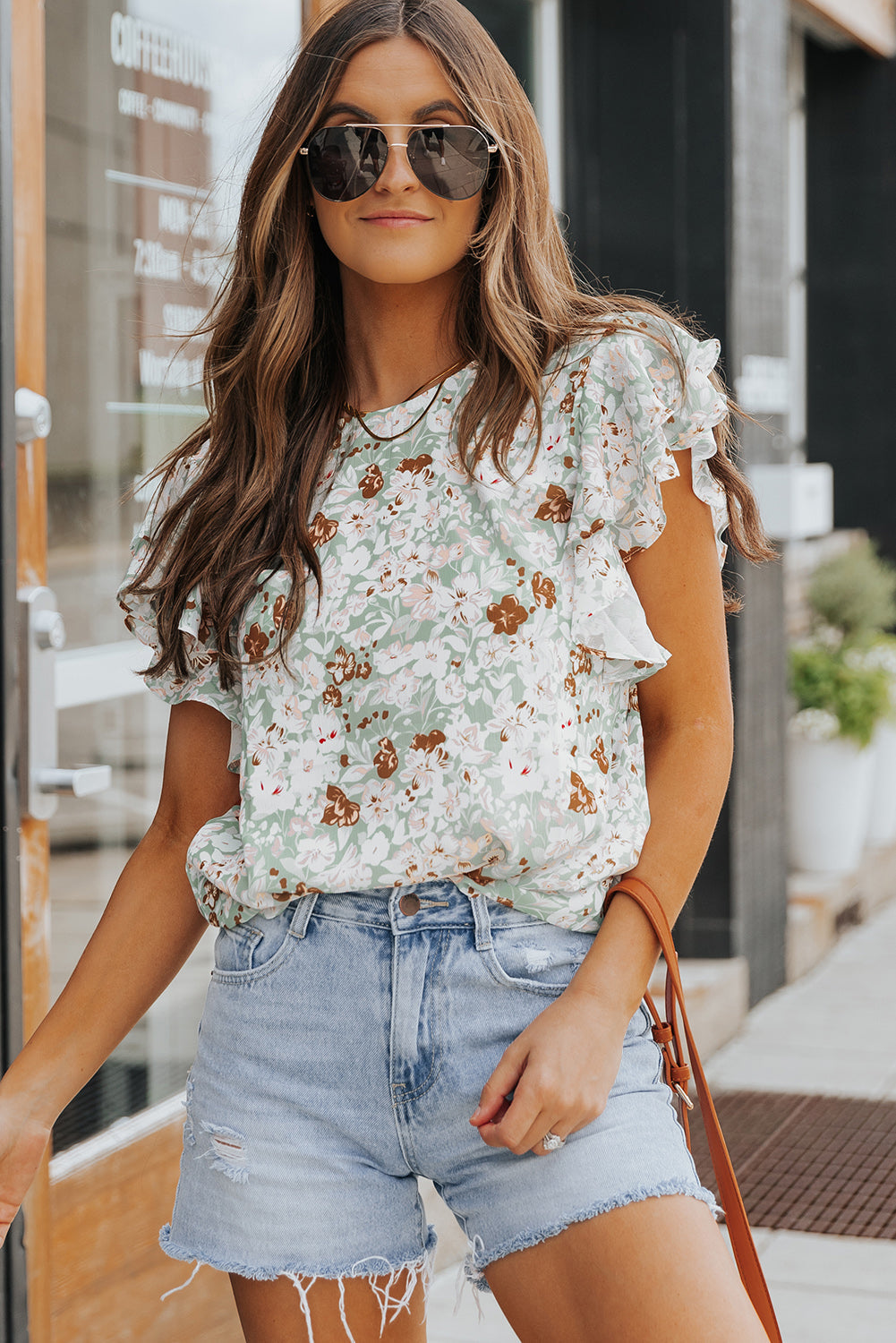 Floral Flutter-Sleeved Ruffled Blouse