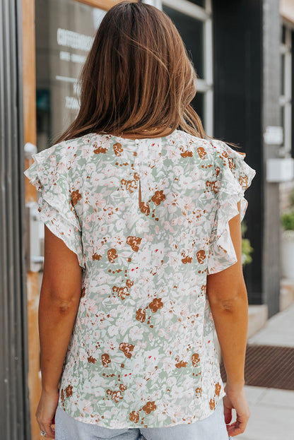 Floral Flutter-Sleeved Ruffled Blouse