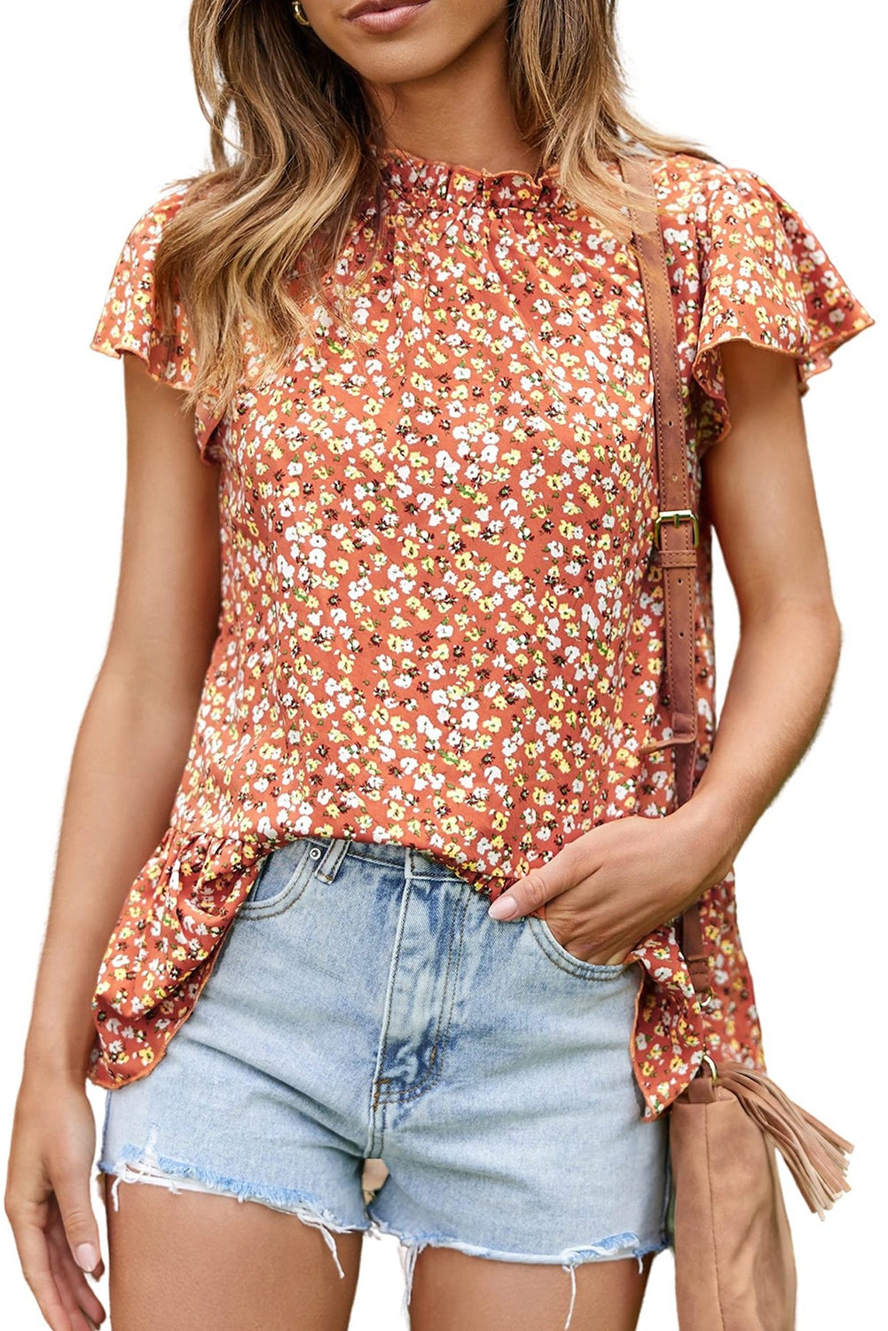 Floral Frill-Trim Flutter-Sleeved Blouse