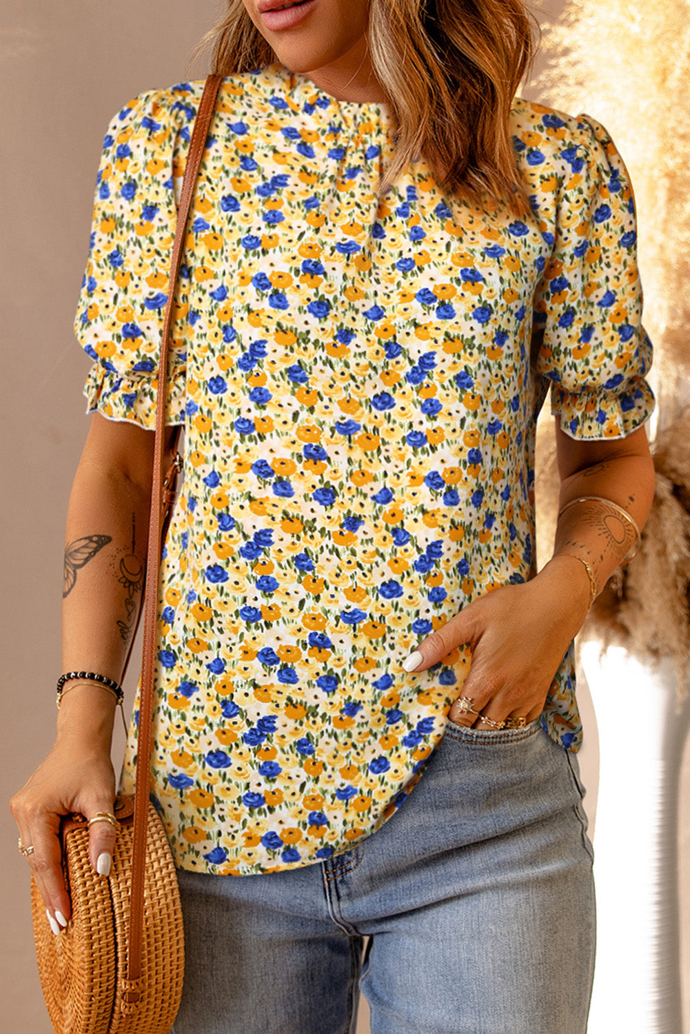 Floral Keyhole Puff-Sleeved Blouse Yellow S