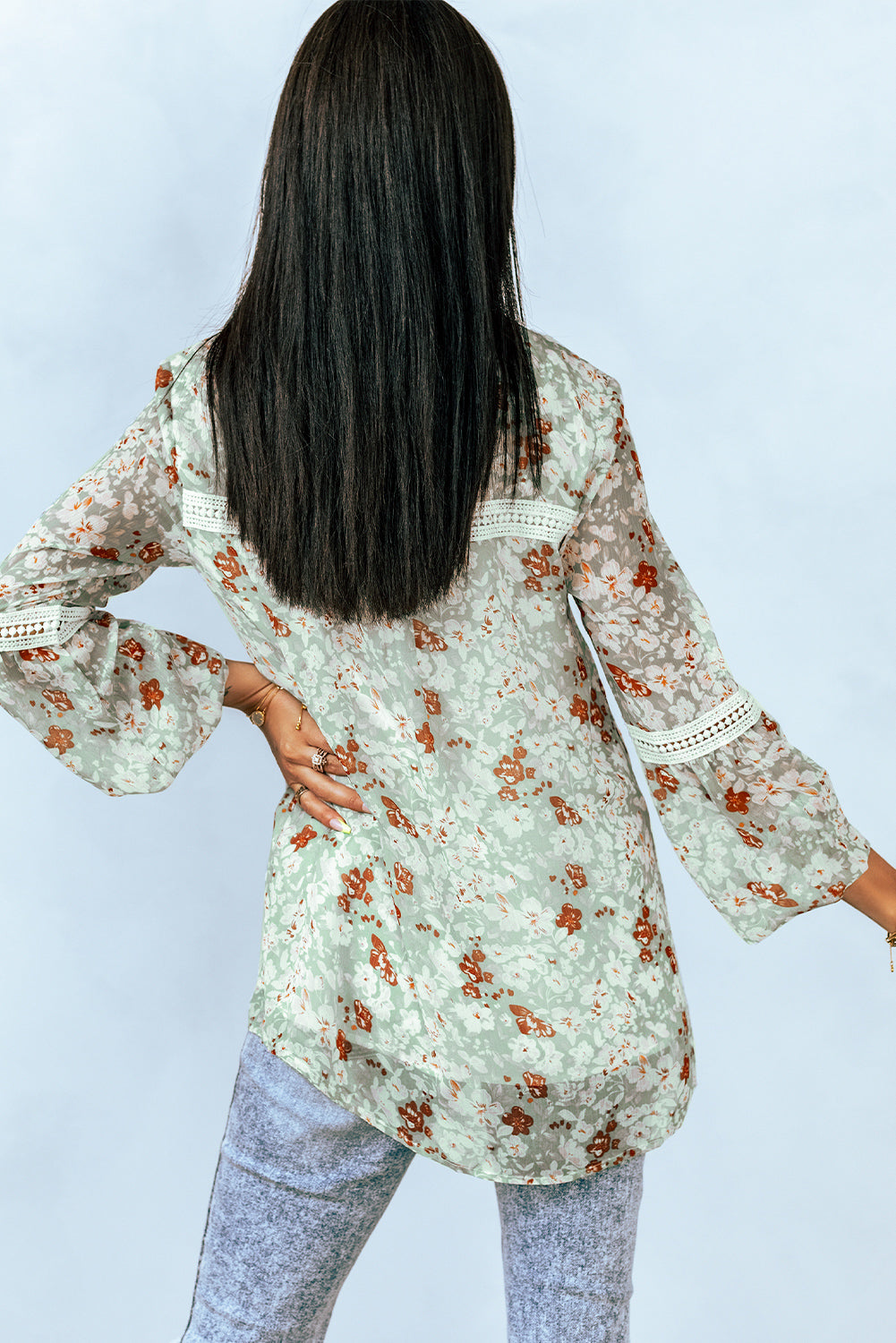 Floral Lace-Trim Balloon-Sleeve Blouse